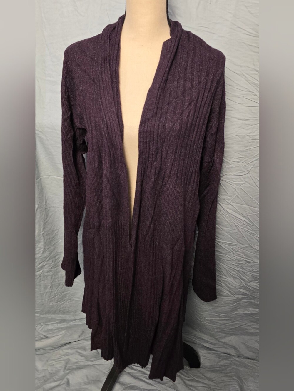 Long Open-Front Magnolia Grace Ribbed Cardigan in Plum